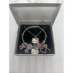🎀 Hello Kitty Pink Charm Bracelet And Necklace – Silver Tone – Rhinestones & Be
